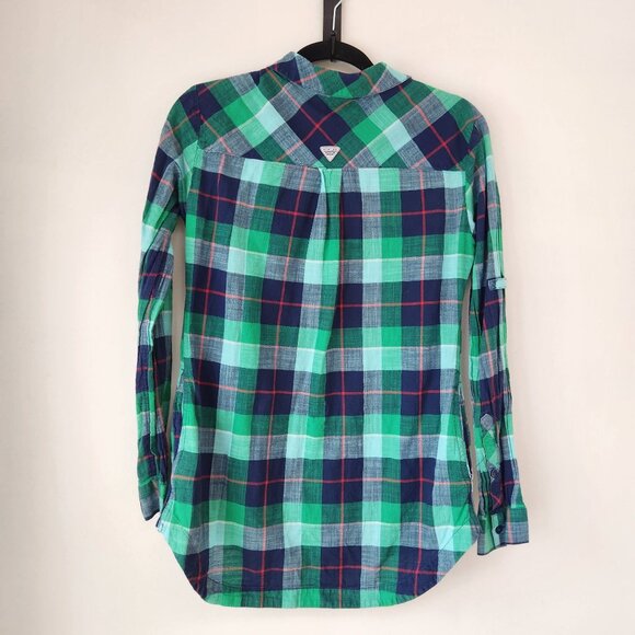 Columbia PFG Plaid Green Popover Shirt Blouse 100% Cotton Hiking Women's M - Picture 2 of 10